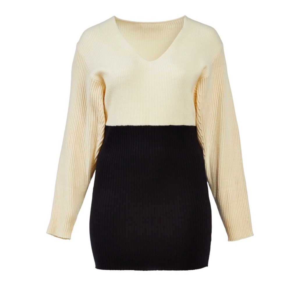 Vision XL Lone Sleeve Black and White Colorblock Ribbed Mini Sweater Dress